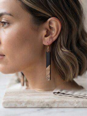 Modern Wood & Resin Dangle Earrings - Minimalist Geometric Statement Jewelry